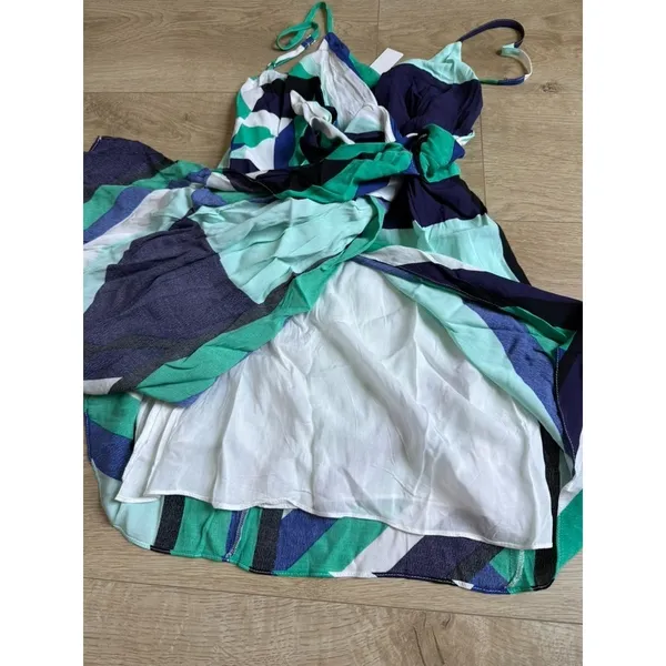 NWT Womens Olivaceous side tie mini dress geometric blue green patterned size M - Image 10