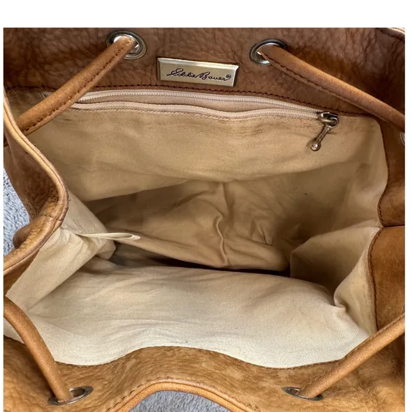 Eddie Bauer Tan Suede‎ Leather Bag Drawstring One Shoulder Backpack Purse - Image 4