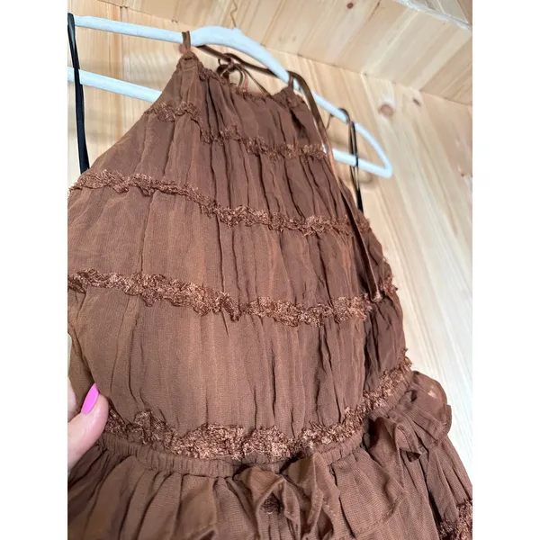 NWT Lulus Madriana Brown Halter Neck Ruffed Midi Dress Bohemian Summer Sz M - Image 7