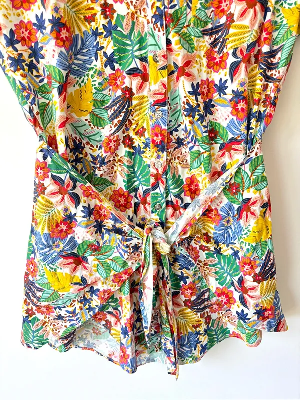 Karlie Mutli Floral Colorful Tropical Cotton Mini Dress Short Sleeve Faux Wrap - Image 5