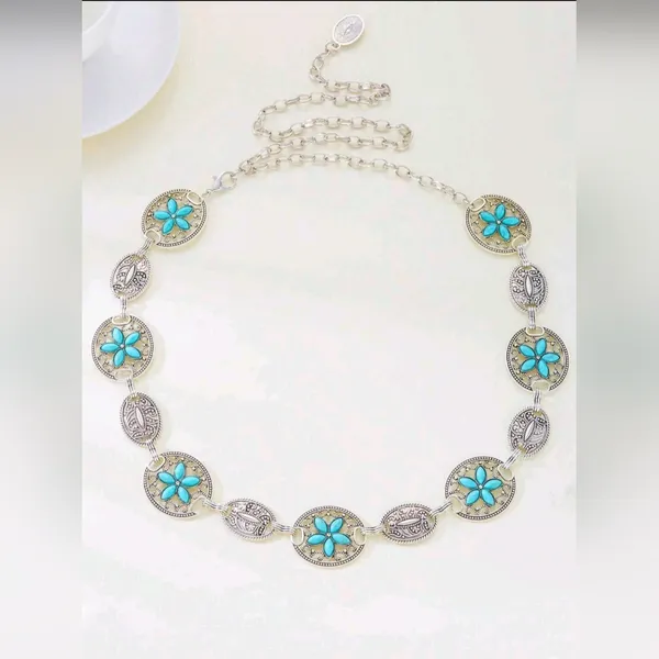 Turquoise Silver Color Vintage Carved‎ Flower Style, Waist Chain Belt - Image 3