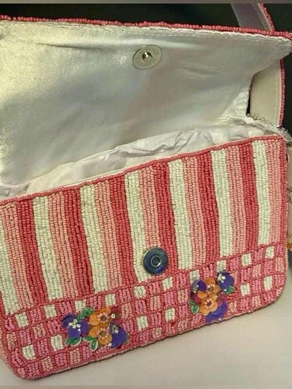 NWT India handcrafted Viral Beaded Pink Quilted Purple Flowers Checkered Bag - Image 11