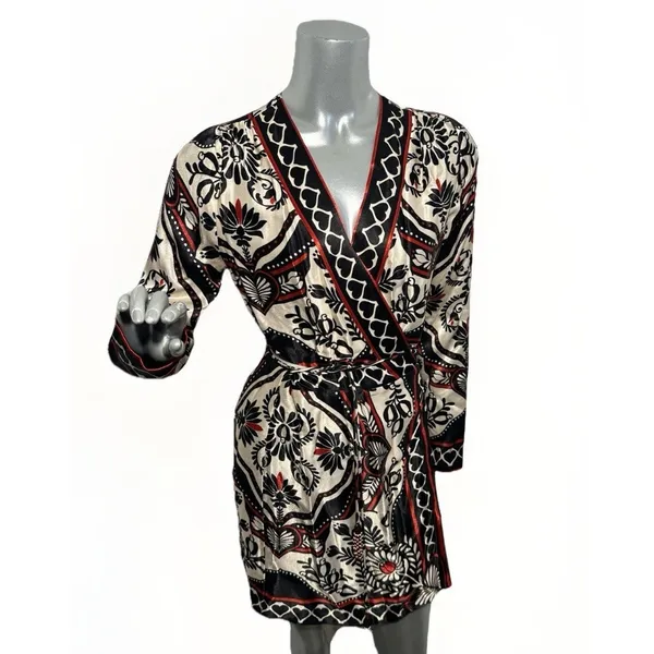 FARM RIO Passion Scarf Wrap Mini Dress Women's Size XS Black Printed - Image 5