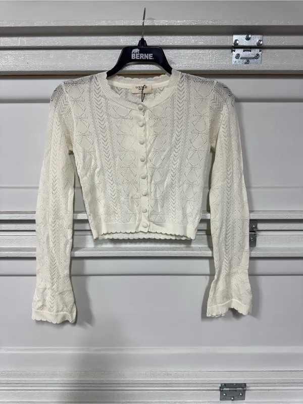 Lounge Pointelle Bow Cardigan - White Small New Cropped Fitted Long Sleeve - Image 3