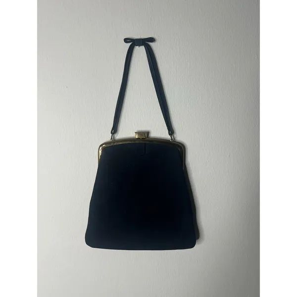 Vintage Mayer New York Handbag Purse Navy Suede Gold‎ Trim Bow Handle - Image 4