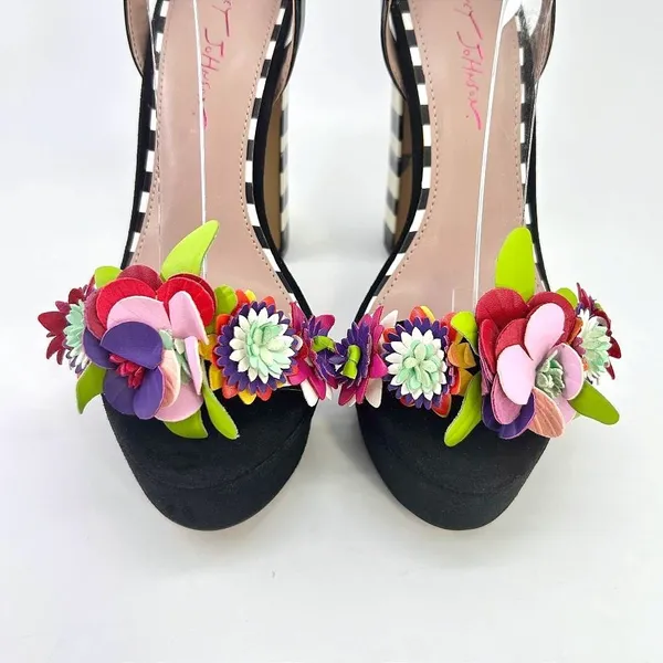 Betsey Johnson Carra Platform Heels Size 9 Black Floral Striped Cocktail Sandals - Image 8