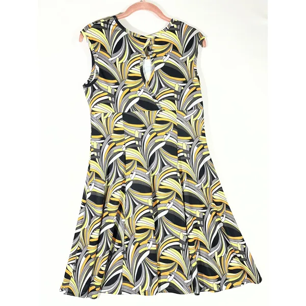 Keren Hart Dress‎ Women S Yellow Grey Abstract Swirl Fit/Flare Keyhole Boho 70's - Image 2