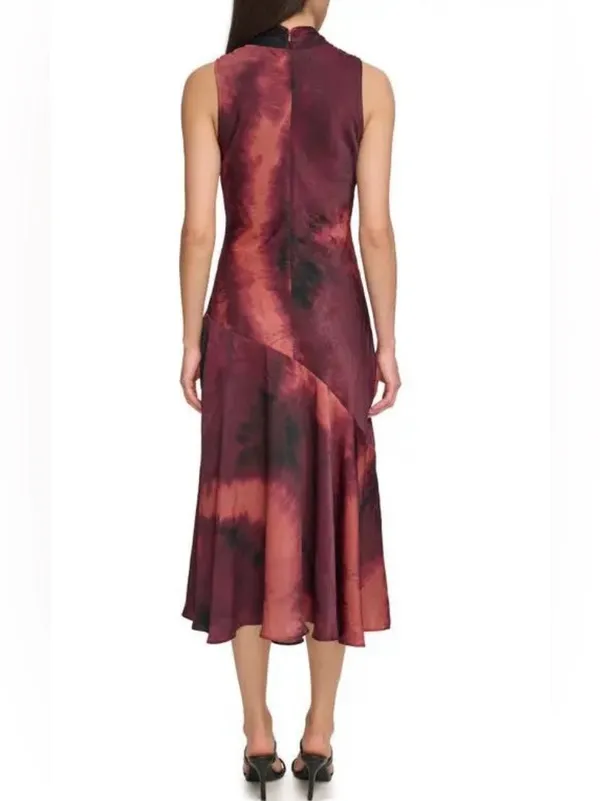 DKNY Sleeveless Tie-Neck Midi Dress in Burgundy and Coral Wash - Image 2