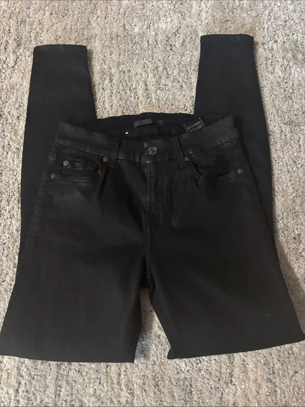 7‎ For All Mankind The Ankle Skinny Jeans Black Distressed Ripped Knee Size 25 - Image 7