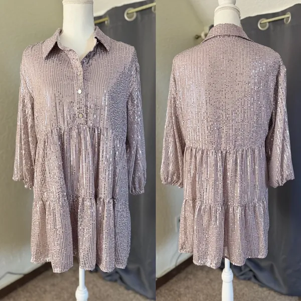 Maeve Bettina Sequined Tiered Shirtdress Medium Petite Dusty Purple Mini NWT - Image 3