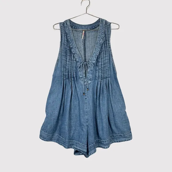 Free People Womens Romper Blue Webster Denim V Neck Relaxed Pleated Jean Medium - Image 3