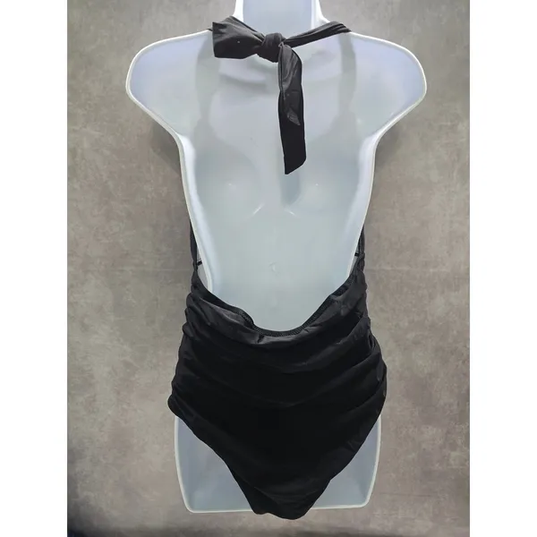 Cupshe Black Whimsy Goth Ruched One Piece Halter Swimsuit Beach Vacation Large - Image 2