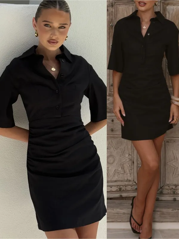 Billy J Sydney Mini Dress Black Linen Collared Ruched - Image 8