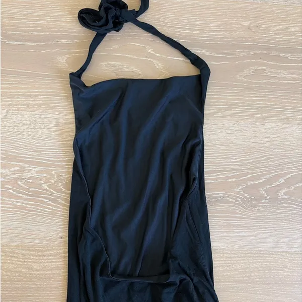 White Fox Midi Dress Halter Neck Asymetrical Hem Size S Black - Image 4