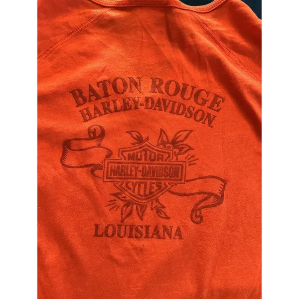 Harley Davidson T Shirt Orange & White Striped Sleeves Women XS Baton Rouge LA - Image 9