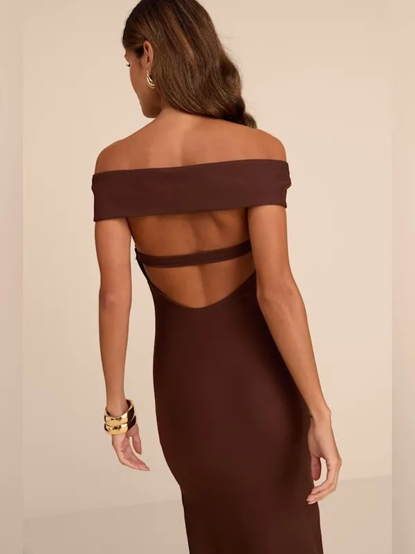 Lulus Chastain Brown Ponte Knit Off-the-Shoulder Maxi Dress Size Medium Formal - Image 3