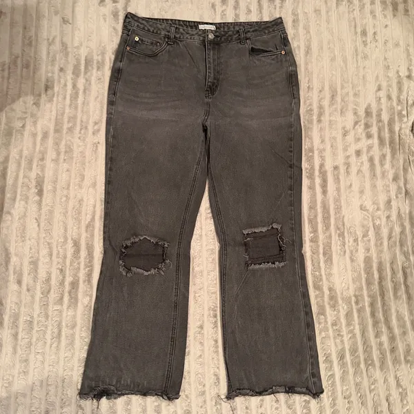 Avec Les Filles Distressed High Rise Straight‎ Leg Jeans Washed Black Size 31 - Image 2