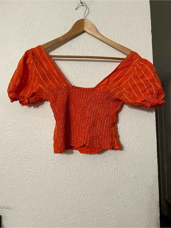 Free People Orange Striped Puff-Sleeve Square-Neck Crop Top - Image 3