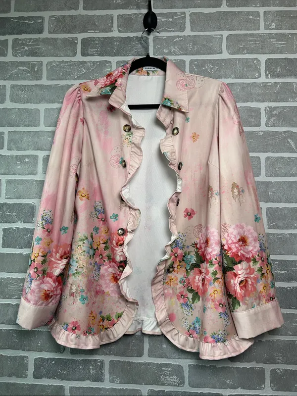 CherryBetty Pink Floral Ruffle Button Front Jacket Blazer Med Cottagecore Romant - Image 2