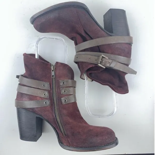 Freebird by Steven Blaze Booties Burgundy Maroon Suede‎ Red Wine Stacked Heel Boot - Image 11