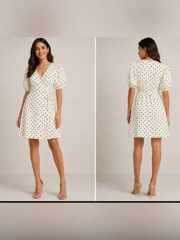 a new day Cream Polka Dot Puff-Sleeve Wrap Dress size XS - Image 2