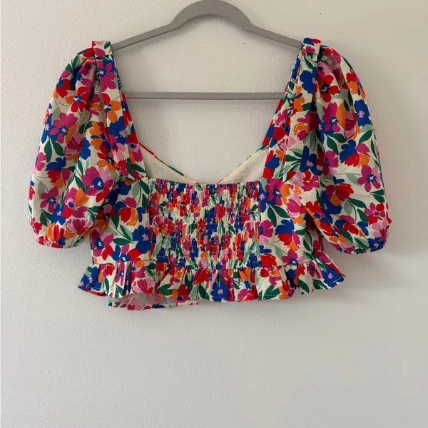 FORE Vibrant Floral Puff Sleeve Indie Peplum Fairycore Crop Top size medium - Image 4