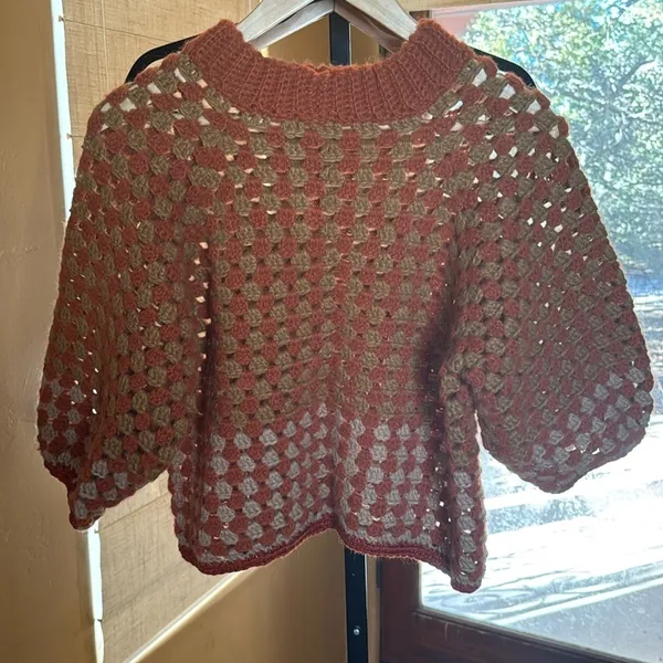 Handmade Rust Orange Tan Open Knit Crochet Sweater Large Boho Oversized Pullover - Image 2