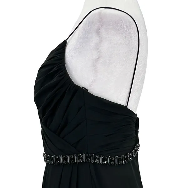 Lillian’s V Neck Faux Wrap Beaded Banding Waist Black Formal Dress Gown Size 6 - Image 5