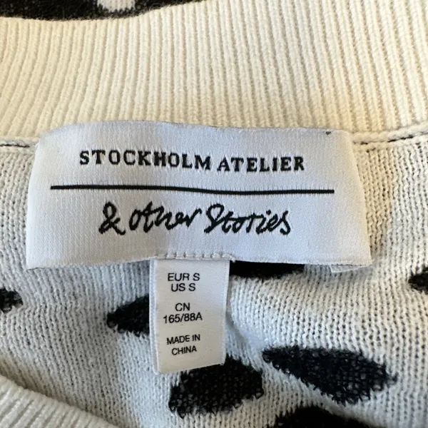 & Other Stories Crew Neck Black Cream Polka Dot Sweater Size S Cotton Modal Silk - Image 7