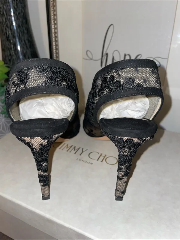 Jimmy Choo Shar 85 Black Floral Lace Peep-Toe Heels Size US 9 / EU 39 MSRP $1200 - Image 7