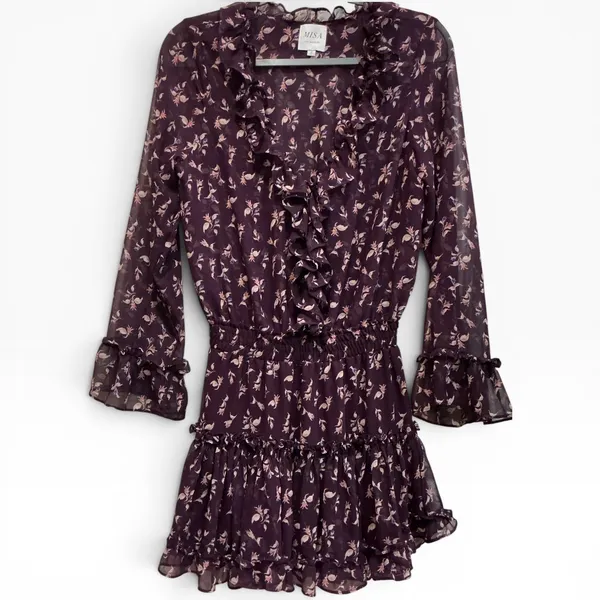 MISA Los Angeles Alina Mini Dress Purple Floral Ruffle Smocked‎ Flirty Small - Image 3