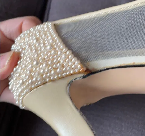 J. RENÉE Faux Pearl & Net Cream Color Heels 5.5 - Image 8