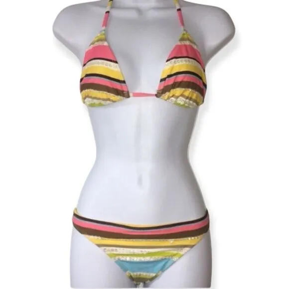 Hotkiss Sequin Bikini Set Small Y2K Rainbow Striped Sequin Vibrant Top & Bottom - Image 3
