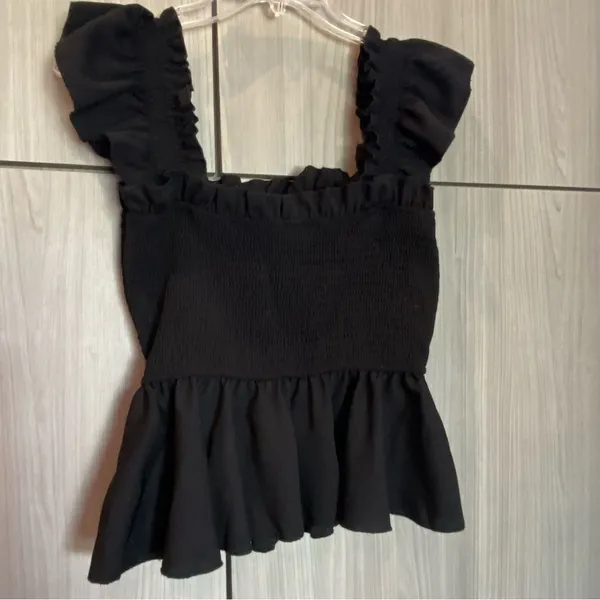 Black Ruffle Smocked Camisole Tank Top Peplum Blouse Medium Size undefined - Image 3