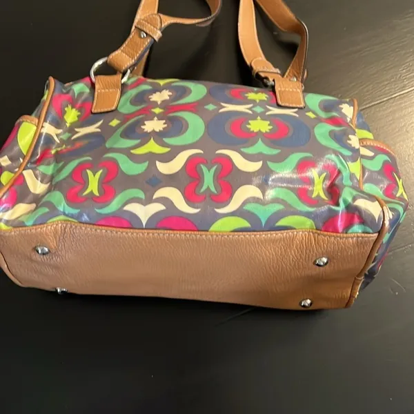 Lily Bloom Multicolor Satchel Handbag‎ Geometric Floral Coated Canvas Brown Trim - Image 7