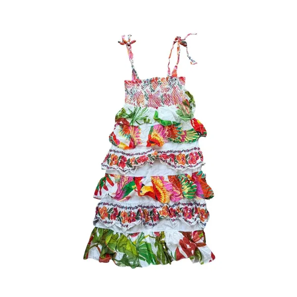 Farm Rio Mixed White Prints Layered Dress M Tropical Floral Tiered Linen Smocked - Image 11