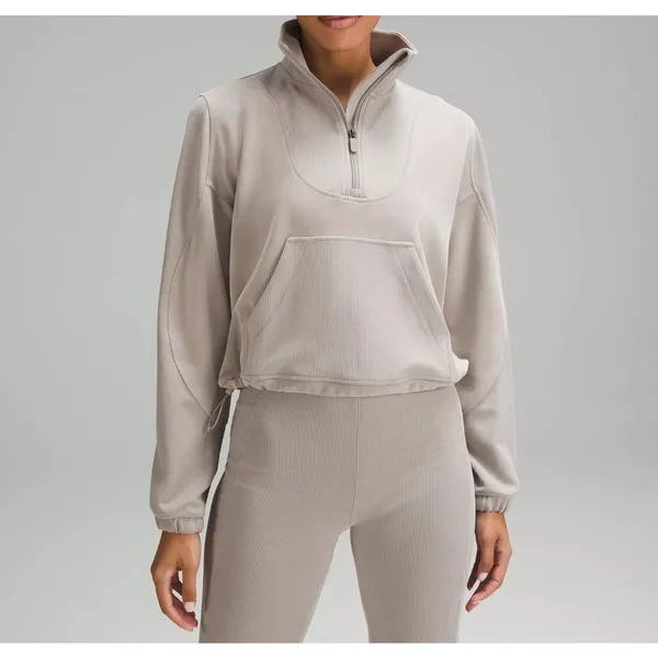 Lululemon Brushed Softstreme Ribbed Half Zip Sweatshirt Riverstone Beige Size 12 - Image 7