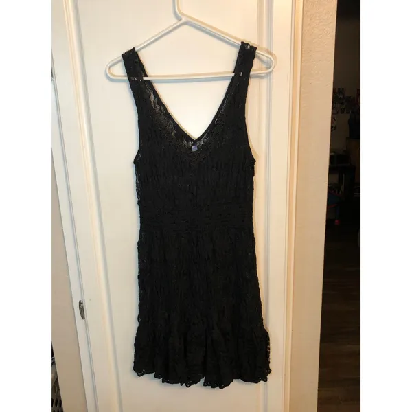 Free People sheer black floral lace mini dress with a beaded v-neck - Image 2