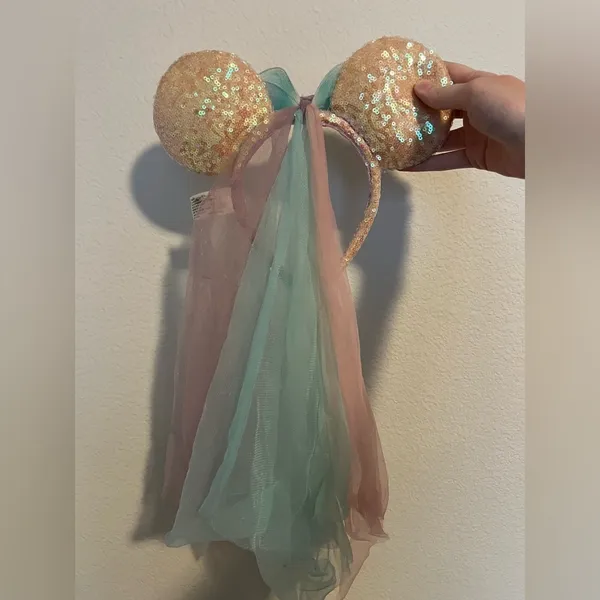 Disney Parks White Sequin Iridescent Rainbow Pastel Fairy Headband Minnie Ears - Image 2