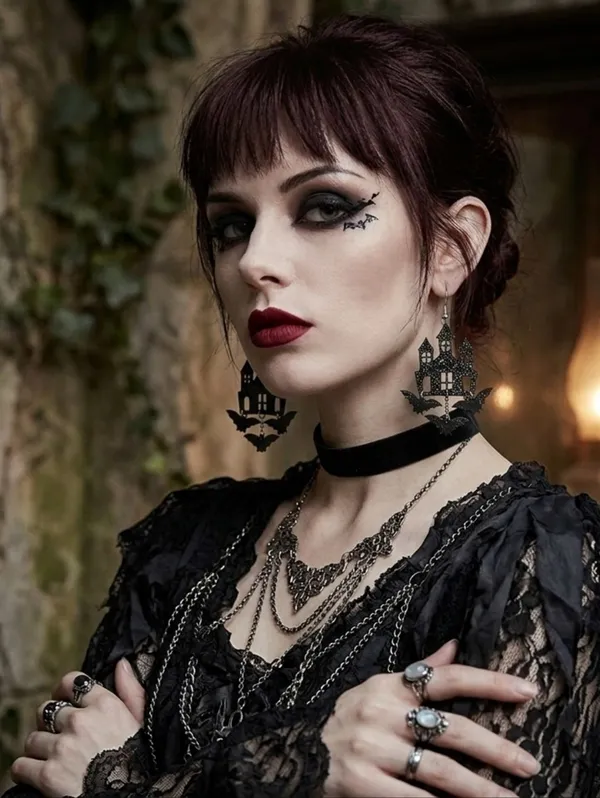 Black Gothic Halloween Theme Acrylic Drop &‎ Dangle Earrings Bat Haunted Castle - Image 2