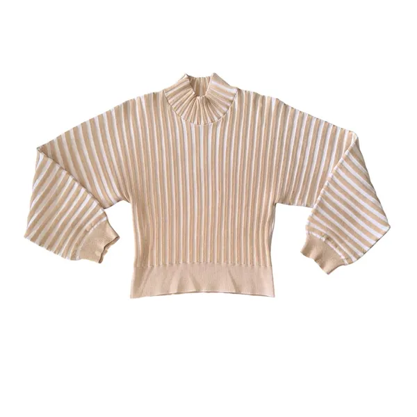 Free People Mock Neck Sweater Womens Medium Tan White Striped Ribbed Knit Dolman - Image 2