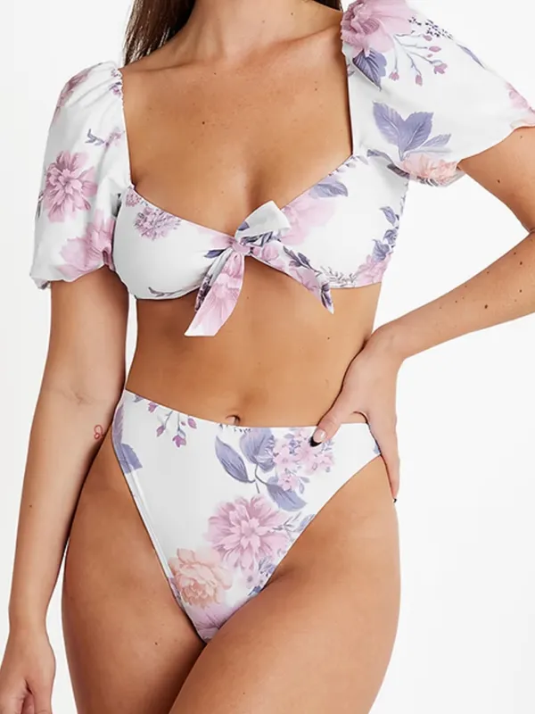 Cupshe XL Eden Floral Puff Sleeve Extra Cheeky High Waist Bikini Set NWT Swim - Image 11