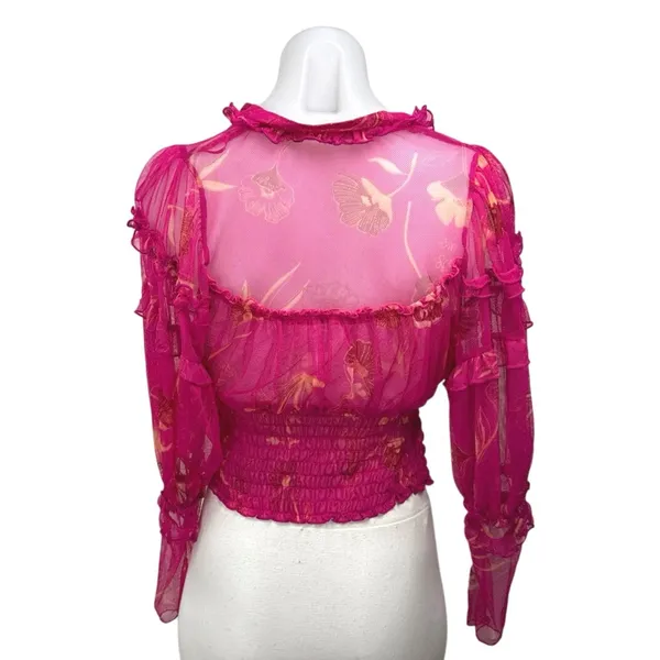 Free People Time To Shine Pink Floral Mesh Long Balloon Sleeve Crop Blouse XS - Image 3