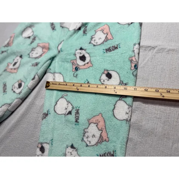 Joe Boxer Women's Pajama Set XL Teal Long Sleeve Top Mint Green Cat Fleece Pants - Image 11