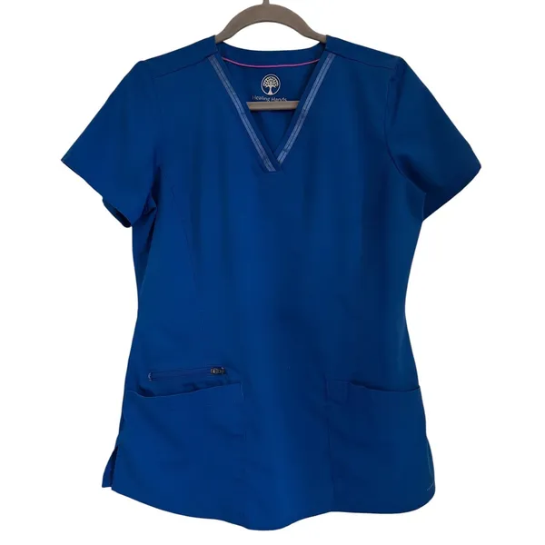 Healing Hands Scrubs Purple Label Jasmin Top Satin Ribbon Style Royal Blue Zip S - Image 3