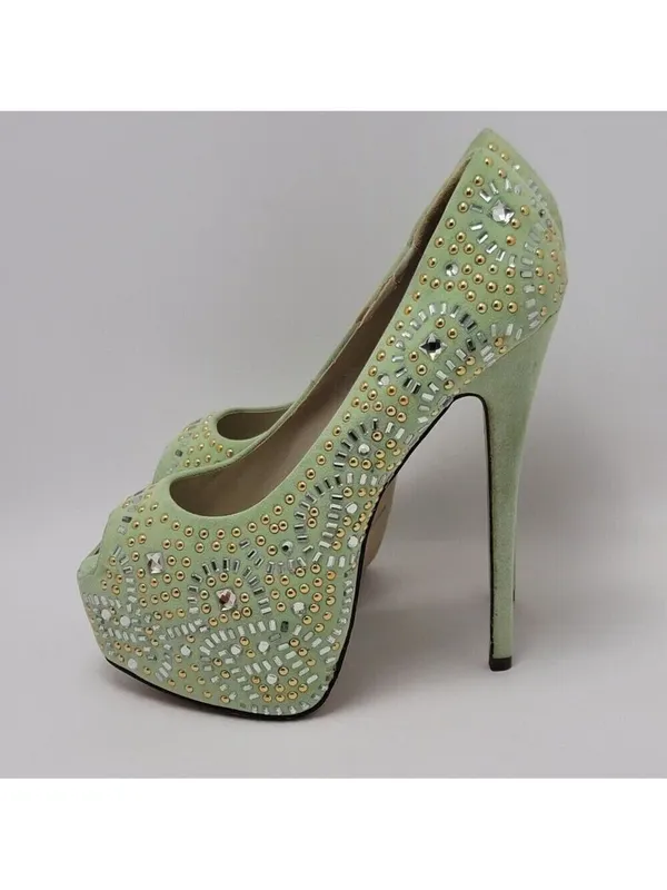 Kiss Kouture Celine Light Mint Green Peep Toe Beaded Platform Heels Size 8.5 - Image 3