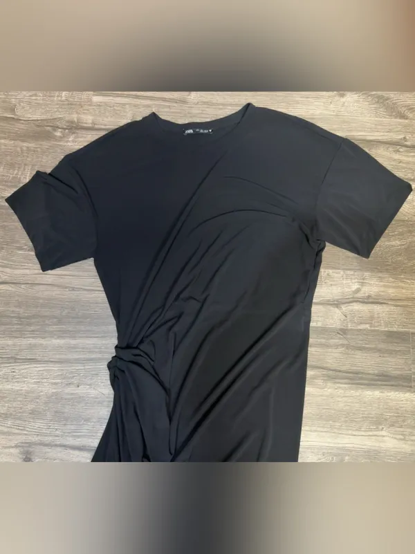 ZARA Black Draped Side Knot Midi Dress Size L - Image 3