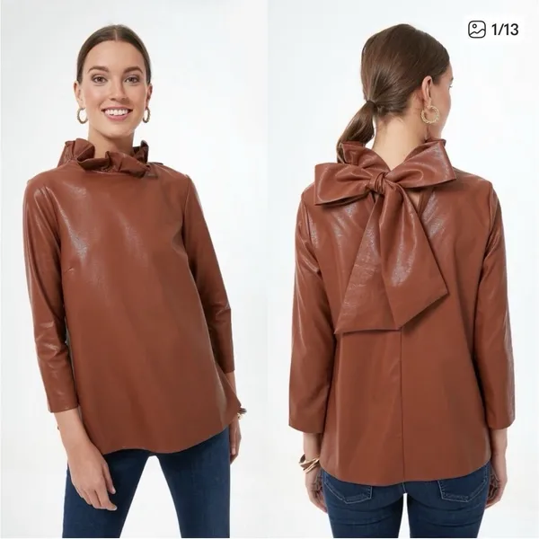 Tuckernuck Brown Coated Ruffle Neck Bow Back Blouse 3/4 Sleeve S - Image 2