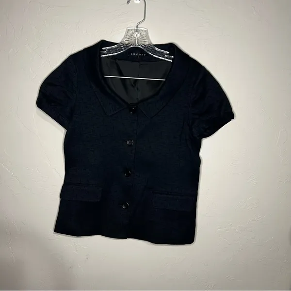 Theory Black Peter Pan Collar Textured short‎ Sleeve Four Button Career Blazer - Image 2