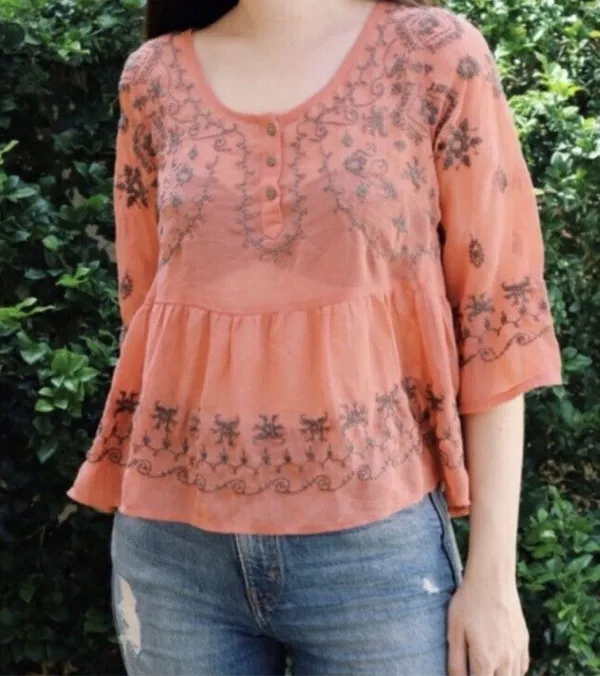Free People Pennies Sequel Embroidered Peasant Semi-Sheer Blouse Sz M - Image 2